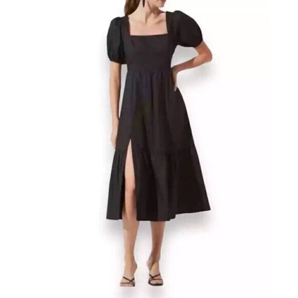 Astr The Label Poplin Puff Sleeve Tiered Midi Dress Black Thigh Slit Women's S - Picture 1 of 12